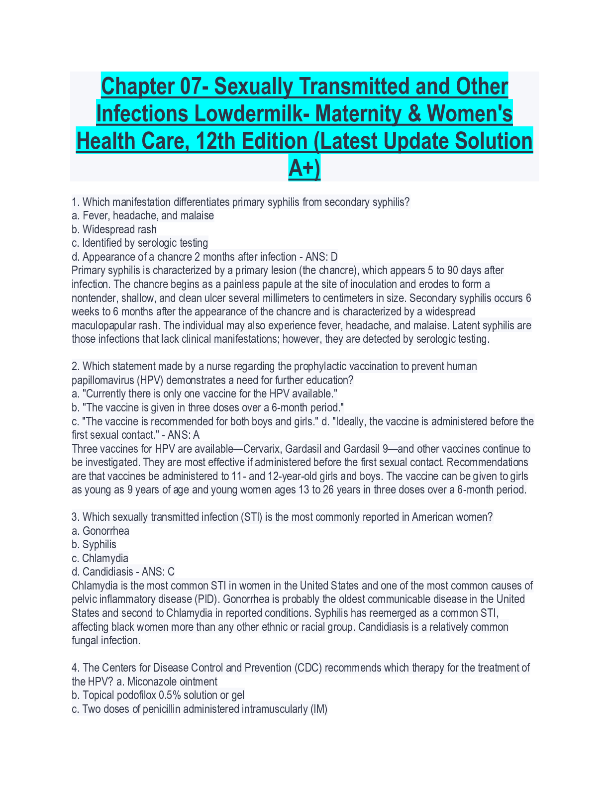 Preview of Chapter 07- Sexually Transmitted and Other  Infections Lowdermilk- Maternity & Women's  He